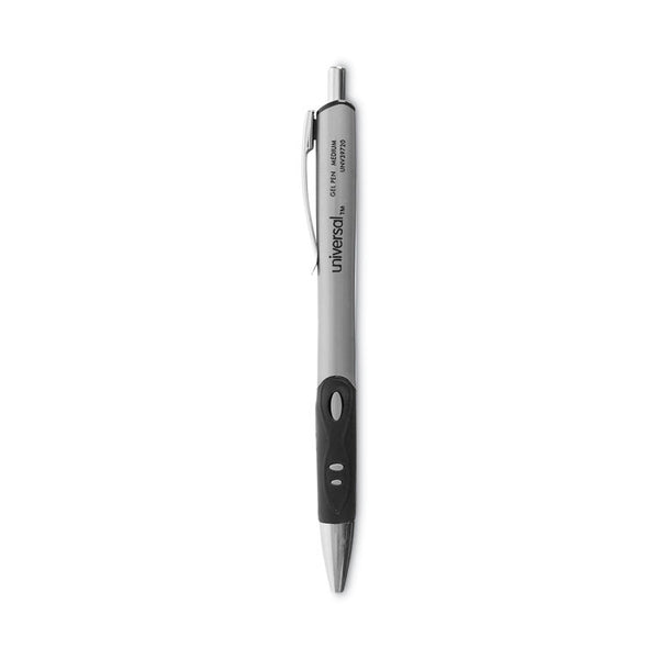 Universal™ Comfort Grip Gel Pen, Retractable, Medium 0.7 mm, Black Ink, Gray/Black/Silver Barrel, Dozen (UNV39720)