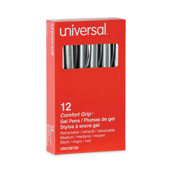 Universal™ Comfort Grip Gel Pen, Retractable, Medium 0.7 mm, Black Ink, Gray/Black/Silver Barrel, Dozen (UNV39720)