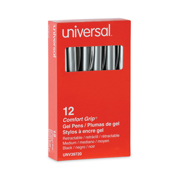 Universal™ Comfort Grip Gel Pen, Retractable, Medium 0.7 mm, Black Ink, Gray/Black/Silver Barrel, Dozen (UNV39720) 1 Dozen