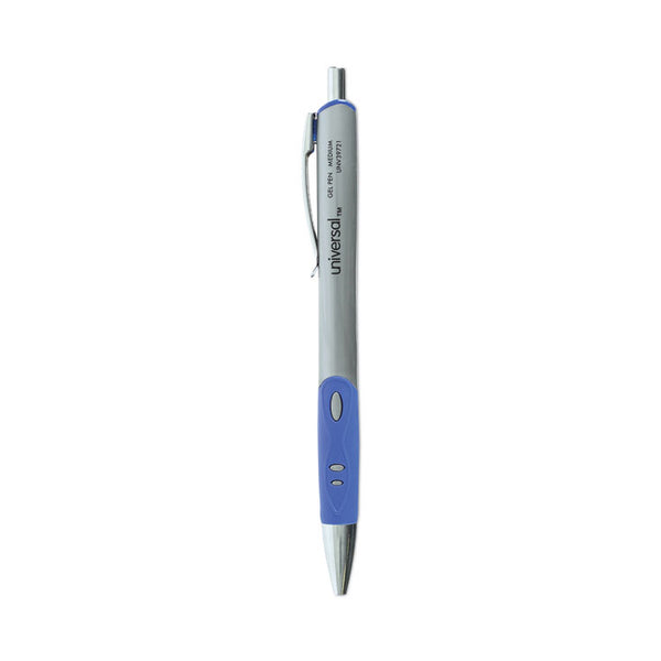 Universal™ Comfort Grip Gel Pen, Retractable, Medium 0.7 mm, Blue Ink, Gray/Blue/Silver Barrel, Dozen (UNV39721)