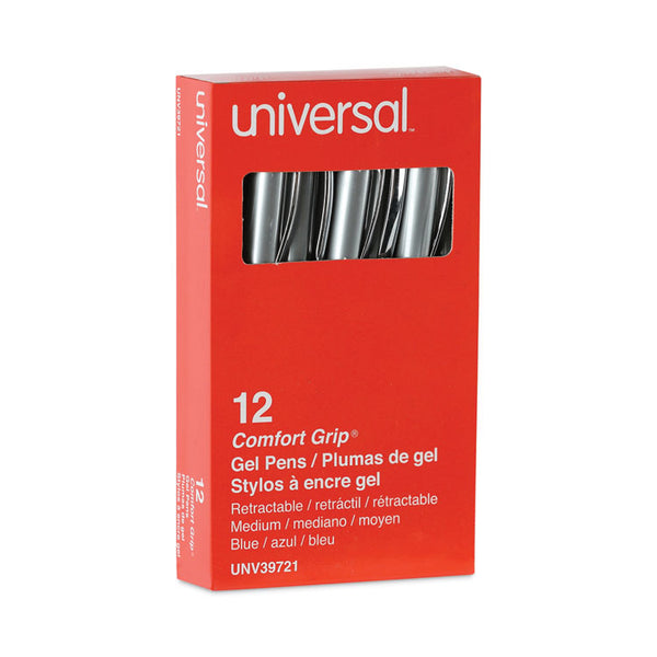 Universal™ Comfort Grip Gel Pen, Retractable, Medium 0.7 mm, Blue Ink, Gray/Blue/Silver Barrel, Dozen (UNV39721)