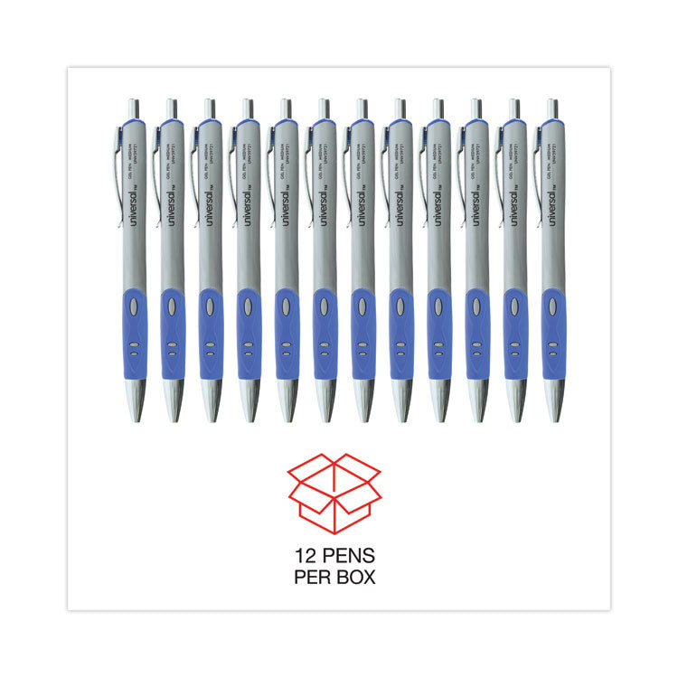 Universal™ Comfort Grip Gel Pen, Retractable, Medium 0.7 mm, Blue Ink, Gray/Blue/Silver Barrel, Dozen (UNV39721)