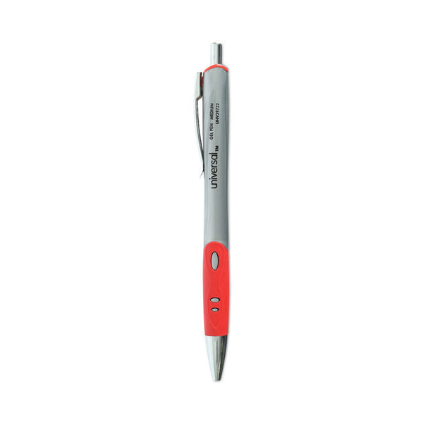 Universal™ Comfort Grip Gel Pen, Retractable, Medium 0.7 mm, Red Ink, Gray/Red/Silver Barrel, Dozen (UNV39722)