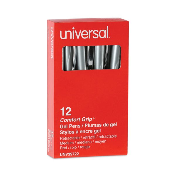 Universal™ Comfort Grip Gel Pen, Retractable, Medium 0.7 mm, Red Ink, Gray/Red/Silver Barrel, Dozen (UNV39722)