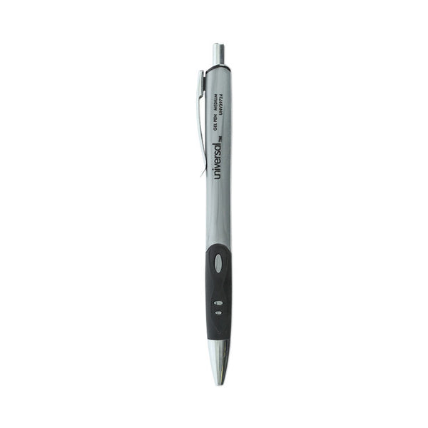 Universal™ Comfort Grip Gel Pen, Retractable, Medium 0.7 mm, Black Ink, Gray/Black/Silver Barrel, 36/Pack (UNV39724)