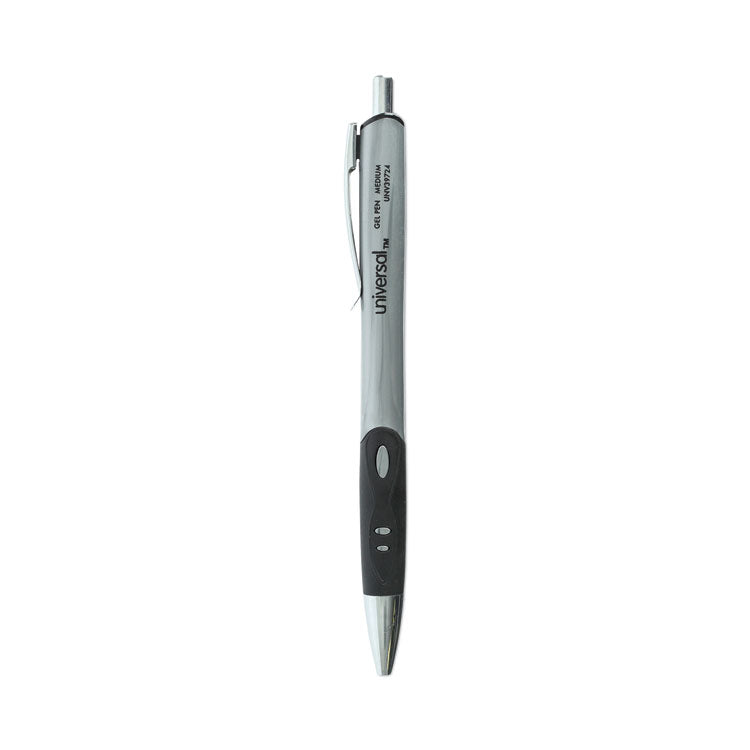 Universal™ Comfort Grip Gel Pen, Retractable, Medium 0.7 mm, Black Ink, Gray/Black/Silver Barrel, 36/Pack (UNV39724) Pack of 36