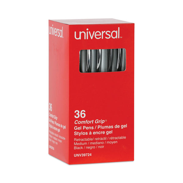 Universal™ Comfort Grip Gel Pen, Retractable, Medium 0.7 mm, Black Ink, Gray/Black/Silver Barrel, 36/Pack (UNV39724)