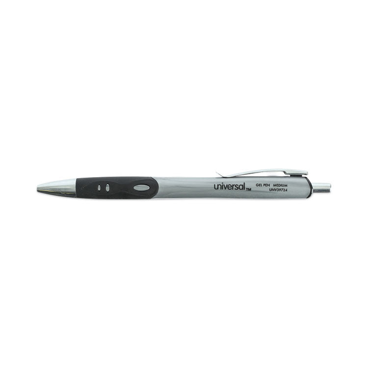 Universal™ Comfort Grip Gel Pen, Retractable, Medium 0.7 mm, Black Ink, Gray/Black/Silver Barrel, 36/Pack (UNV39724) Pack of 36