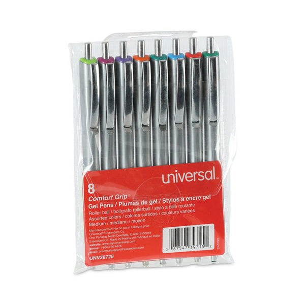 Universal™ Comfort Grip Gel Pen, Retractable, Medium 0.7 mm, Assorted Ink and Barrel Colors, 8/Pack (UNV39725)