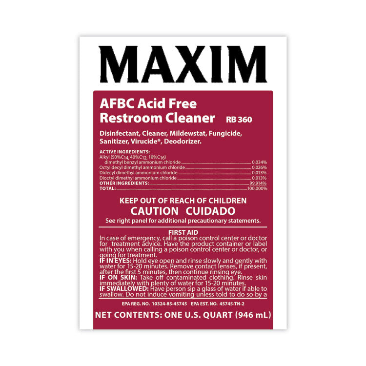 Maxim® AFBC Acid-Free Restroom Cleaner, Safe-to-Ship, Fresh Scent, 32 oz Bottle, 6/Carton (MLB03600086)