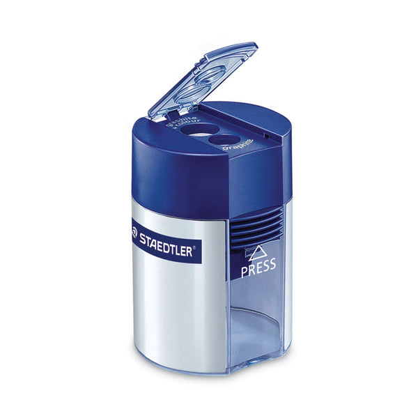 Staedtler® Handheld Manual Double-Hole Plastic Sharpener, 1.57 x 1.65 x 2.2, Blue/Silver, 6/Box (STD512001BK) Box of 6