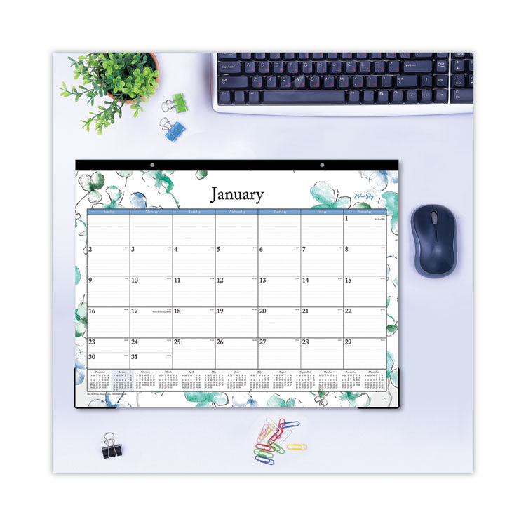 Lindley Desk Pad, Floral Artwork, 22 x 17, White/Blue/Green Sheets, Black Binding, Clear Corners, 12-Month (Jan to Dec): 2025 (BLS100018) Each