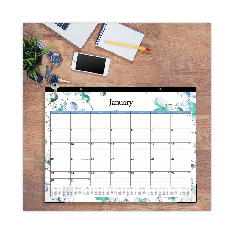 Lindley Desk Pad, Floral Artwork, 22 x 17, White/Blue/Green Sheets, Black Binding, Clear Corners, 12-Month (Jan to Dec): 2025 (BLS100018) Each