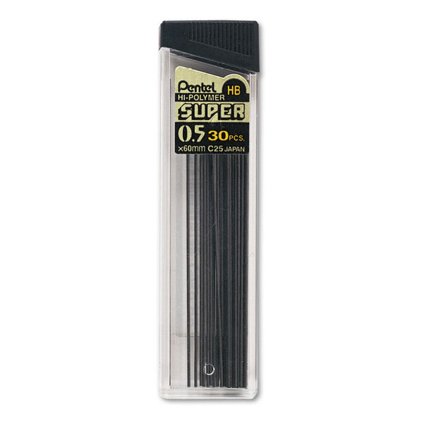 Pentel® Super Hi-Polymer Lead Refills, 0.5 mm, HB, Black, 30/Tube (PENC25HB) Tube of 30