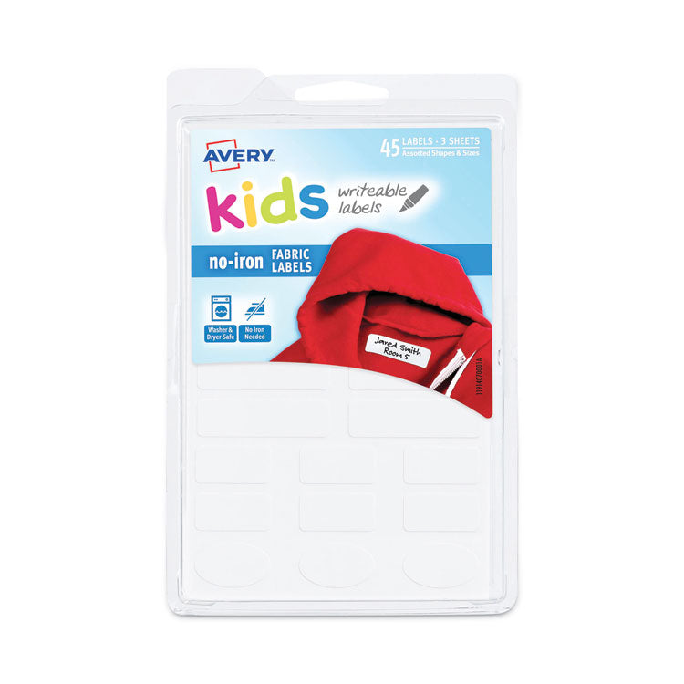 Avery® Avery Kids No-Iron Fabric Labels, 6 x 4, White, 15 Labels/Sheet, 3 Sheets/Pack (AVE40700) Pack of 45