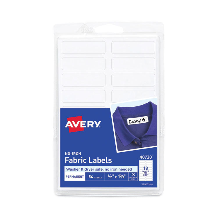 Avery® No-Iron Fabric Labels, 0.5 x 1.75, White, 18/Sheet, 3 Sheets/Pack (AVE40720)