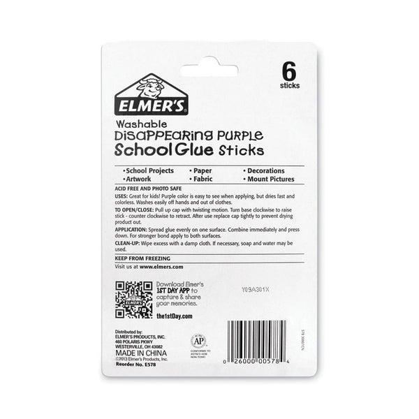 Elmer's® School Glue Stick, 0.77 oz, Applies Purple, Dries Clear, 6/Pack (EPIE578)