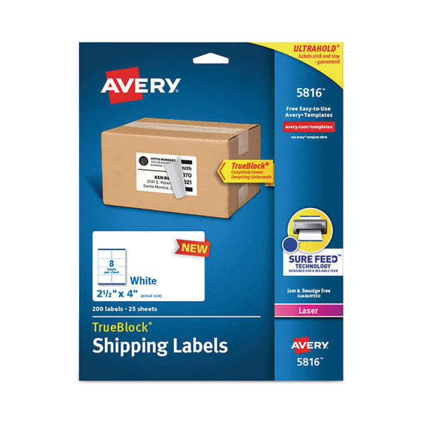 Avery® Shipping Labels with TrueBlock Technology, Laser Printers, 2.5 x 4, White, 8/Sheet, 25 Sheets/Pack (AVE5816)