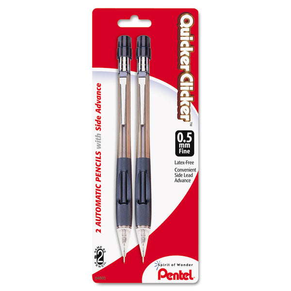 Pentel® Quicker Clicker Mechanical Pencil, 0.5 mm, HB (#2), Black Lead, Smoke/Black Barrel, 2/Pack (PENPD345BP2K6)