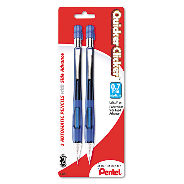 Pentel® Quicker Clicker Mechanical Pencil, 0.7 mm, HB (#2), Black Lead, Blue Barrel, 2/Pack (PENPD347BP2K6)