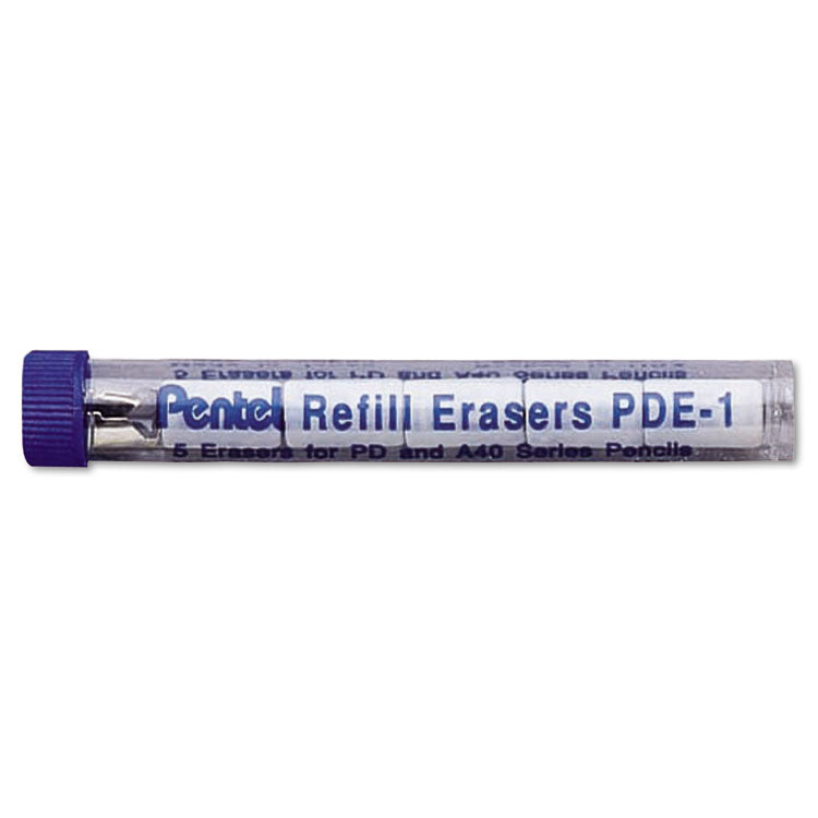 Pentel® Eraser Refills for Pentel Champ, e-sharp, Jolt, Icy and Quicker Clicker Pencils, Cylindrical Rod, White, 5/Tube (PENPDE1)