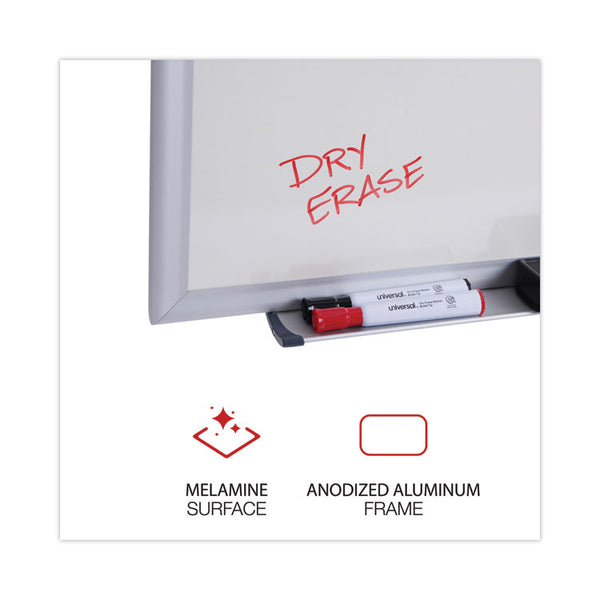 Universal® Deluxe Melamine Dry Erase Board, 60 x 36, Melamine White Surface, Silver Anodized Aluminum Frame (UNV43625)