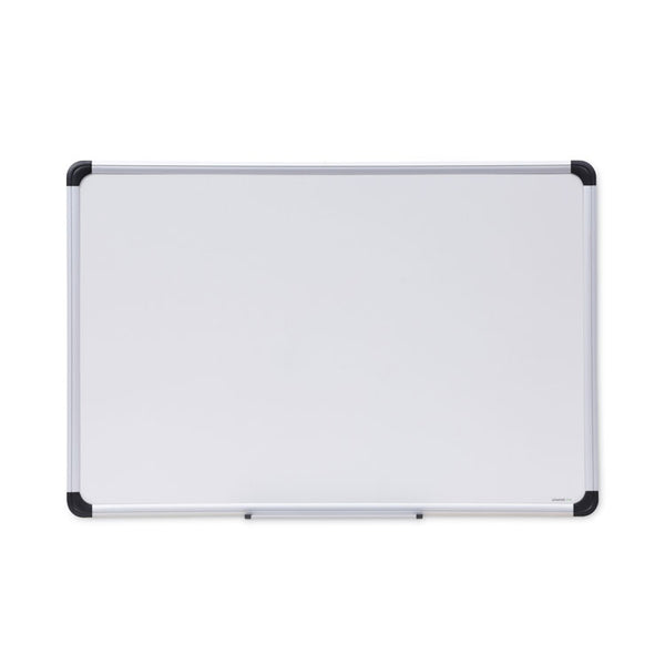 Universal® Deluxe Porcelain Magnetic Dry Erase Board, 36 x 24, White Surface, Silver/Black Aluminum Frame (UNV43841)