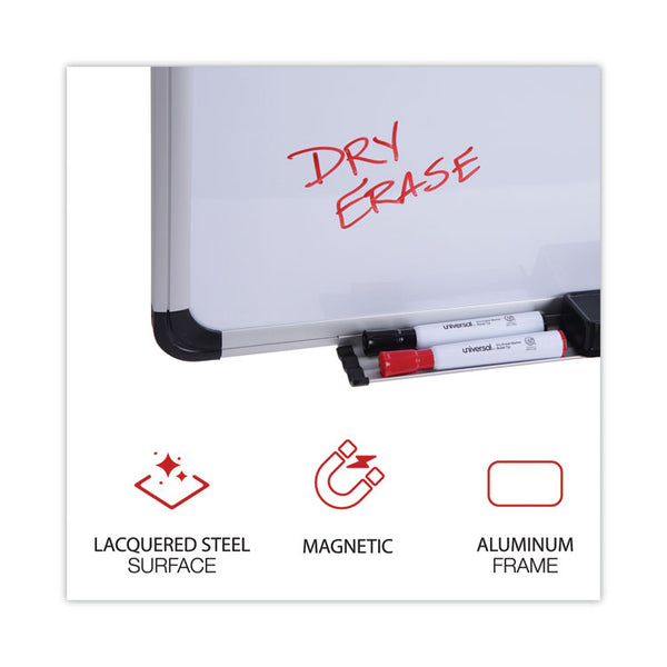 Universal® Deluxe Porcelain Magnetic Dry Erase Board, 36 x 24, White Surface, Silver/Black Aluminum Frame (UNV43841)