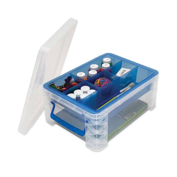 Advantus Super Stacker Divided Storage Box, 6 Sections, 10.38" x 14.25" x 6.5", Clear/Blue (AVT37371) Each