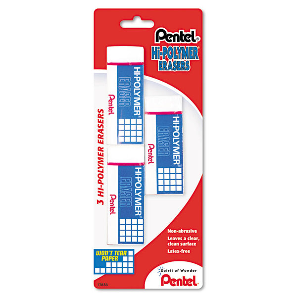 Pentel® Hi-Polymer Eraser, For Pencil Marks, Rectangular Block, Medium, White, 3/Pack (PENZEH10BP3K6)