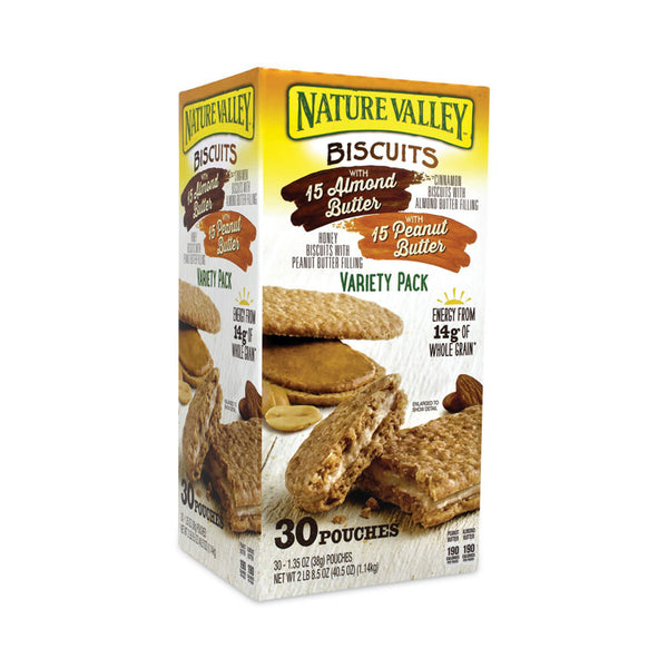 Nature Valley® Biscuits, Cinnamon with Almond Butter/Honey with Peanut Butter, 1.35 oz Pouch, 30/Carton, Ships in 1-3 Business Days (GRR22001046)