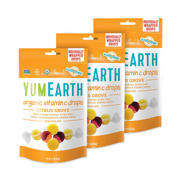 YumEarth Organic Vitamin C Citrus Grove Drops, 3.3 oz Bag, Assorted Flavors, 3/Pack, Ships in 1-3 Business Days (GRR27000029)