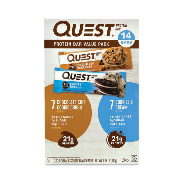 Quest® Protein Bar Value Pack, Chocolate Chip Cookie Dough, Cookies and Cream, 2.12 oz Bar, 14/Carton, Ships in 1-3 Business Days (GRR22000966) Each