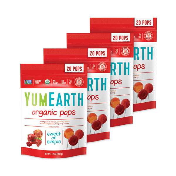 YumEarth Organic Lollipops, Assorted Flavors, 4.2 oz Bag with 20 Lollipops Each, 4/Pack, Ships in 1-3 Business Days (GRR27000027)