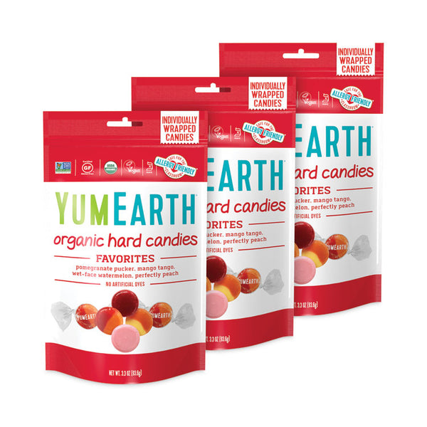 YumEarth Organic Favorite Fruit Hard Candies, 3.3 oz Bag, Assorted Flavors, 3 Bags/Pack, Ships in 1-3 Business Days (GRR27000031)