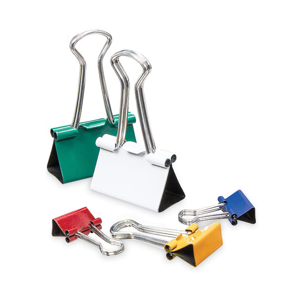 Universal® Binder Clips with Storage Tub, (12) Mini (0.5"), (12) Small (0.75"), (6) Medium (1.25"), Assorted Colors (UNV31026)