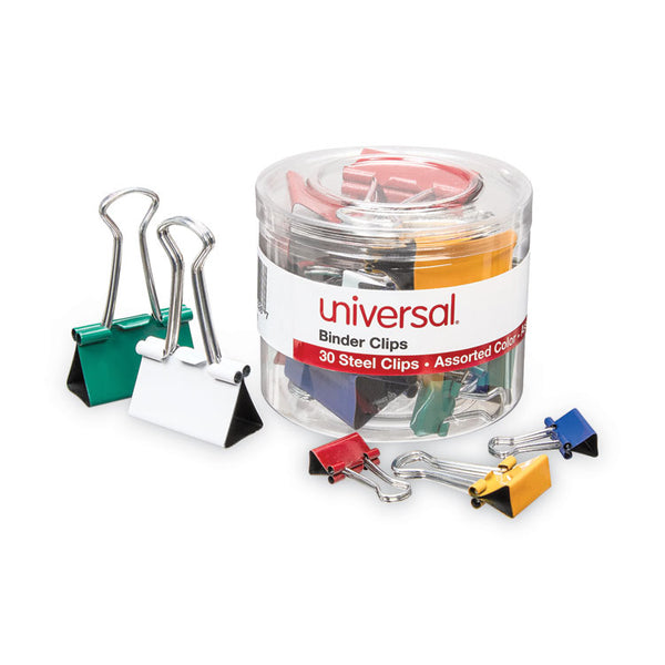 Universal® Binder Clips with Storage Tub, (12) Mini (0.5"), (12) Small (0.75"), (6) Medium (1.25"), Assorted Colors (UNV31026)