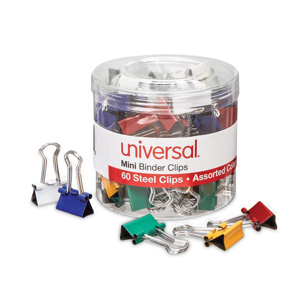 Universal® Binder Clips with Storage Tub, Mini, Assorted Colors, 60/Pack (UNV31027)