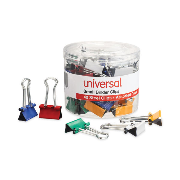 Universal® Binder Clips with Storage Tub, Small, Assorted Colors, 40/Pack (UNV31028)