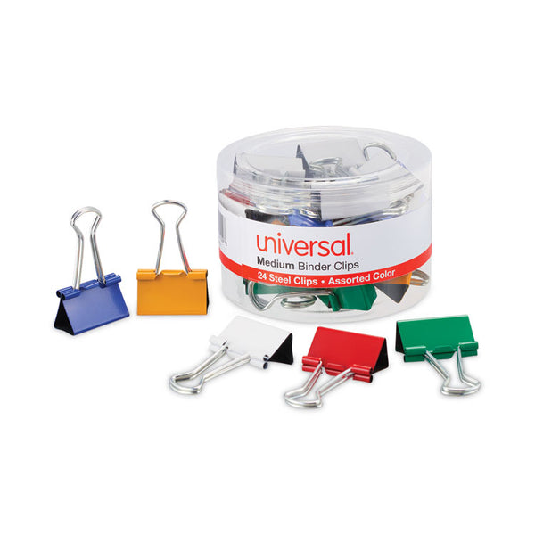 Universal® Binder Clips with Storage Tub, Medium, Assorted Colors, 24/Pack (UNV31029)