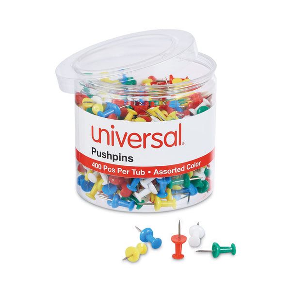 Universal® Colored Push Pins, Plastic, Assorted, 0.38", 400/Pack (UNV31314)