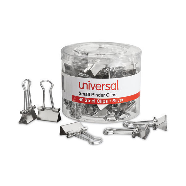 Universal® Binder Clips with Storage Tub, Small, Silver, 40/Pack (UNV11240)