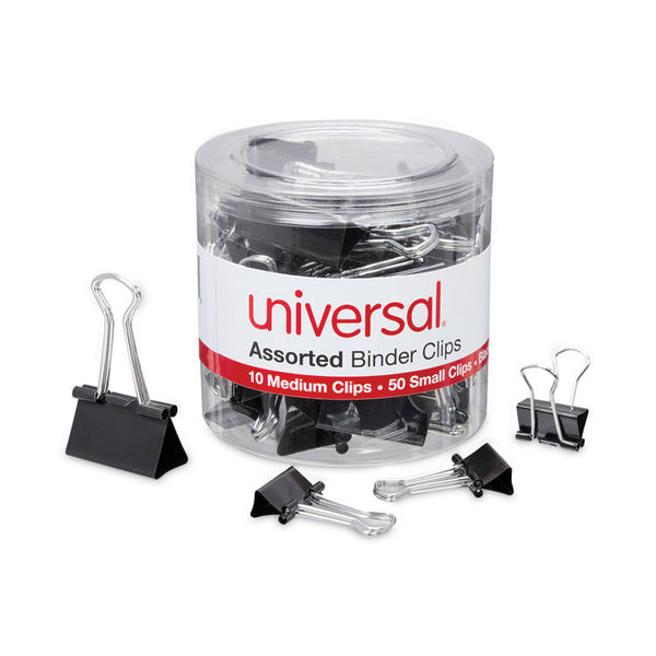 Universal® Binder Clips with Storage Tub, (50) Small (0.75"), (10) Medium (1.25"), Black/Silver (UNV11160)