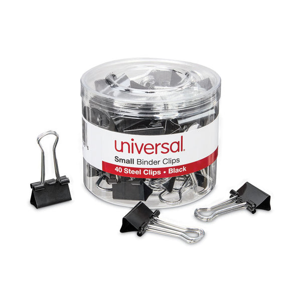 Universal® Binder Clips with Storage Tub, Small, Black/Silver, 40/Pack (UNV11140)
