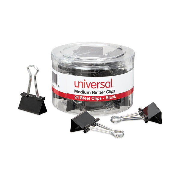 Universal® Binder Clips with Storage Tub, Medium, Black/Silver, 24/Pack (UNV11124)