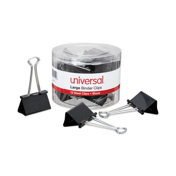 Universal® Binder Clips with Storage Tub, Large, Black/Silver, 12/Pack (UNV11112)