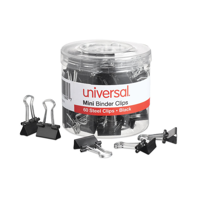 Universal® Binder Clips with Storage Tub, Mini, Black/Silver, 60/Pack (UNV11060)