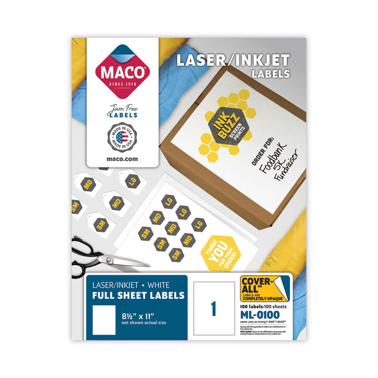 MACO® Cover-All Opaque Laser/Inkjet Shipping Labels, Full-Sheet Format, Inkjet/Laser Printers, 8.5 x 11, White, 100/Box (MACML0100)