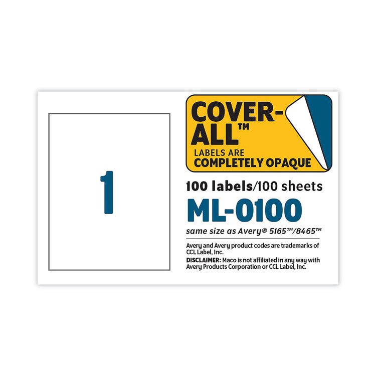 MACO® Cover-All Opaque Laser/Inkjet Shipping Labels, Full-Sheet Format, Inkjet/Laser Printers, 8.5 x 11, White, 100/Box (MACML0100)