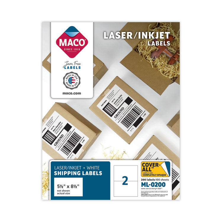 MACO® Cover-All Opaque Laser/Inkjet Shipping Labels, Internet Format, 5.5 x 8.5, White, 2 Labels/Sheet, 100 Sheets/Box (MACML0200) Box of 200